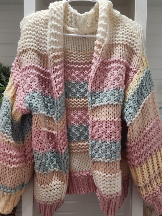 Altar'd State Sweaters - Chunky Striped Open-Front Cardigan Sweater - Pastel Mix